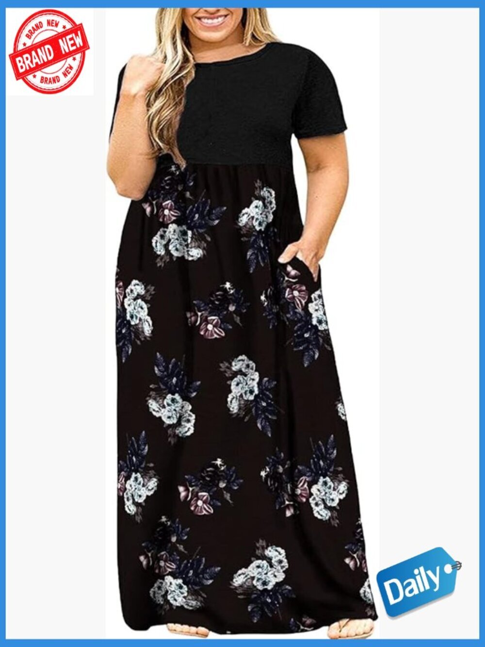 Plus Size Short Sleeve Maxi Dress with Pockets Loose Casual Summer